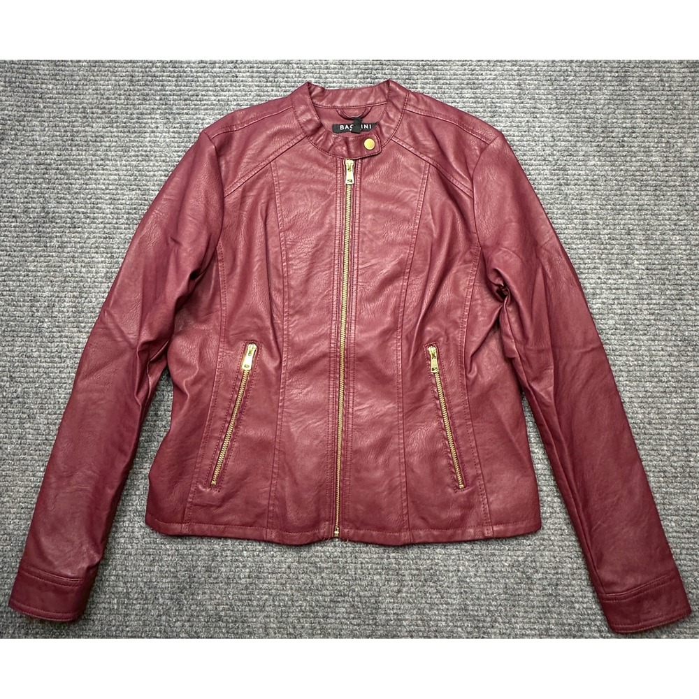 Baccini Moto Jacket Women Small Burgundy Faux Leather Zip